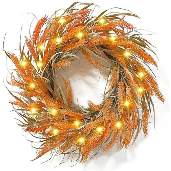 20 Inch 20 LED Thick Fall Wreaths for Front Door Fall Decor Fall Leafed Wheats - Picture 7 of 7